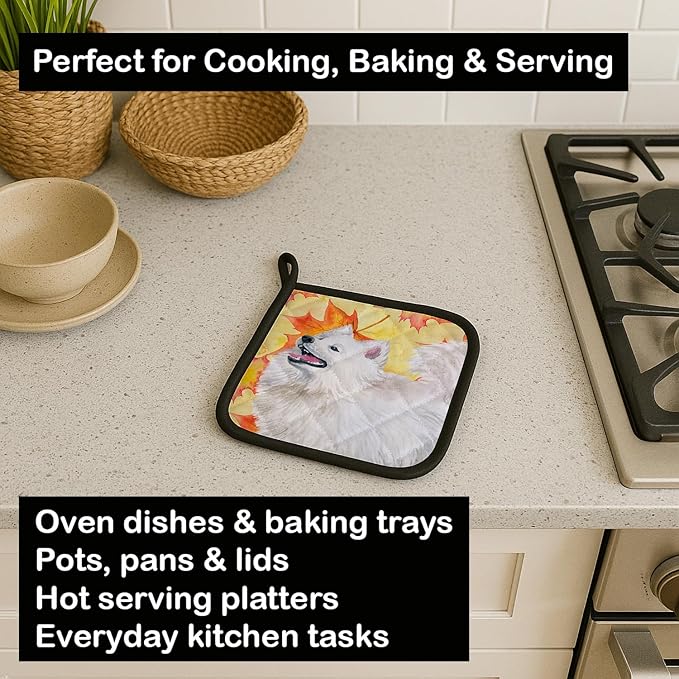Caroline's Treasures BB9952PTHD Samoyed Fall Pair of Pot Holders, Yellow Kitchen Heat Resistant Pot Holders Sets Oven Hot Pads for Cooking Baking BBQ, 7 1/2 x 7 1/2