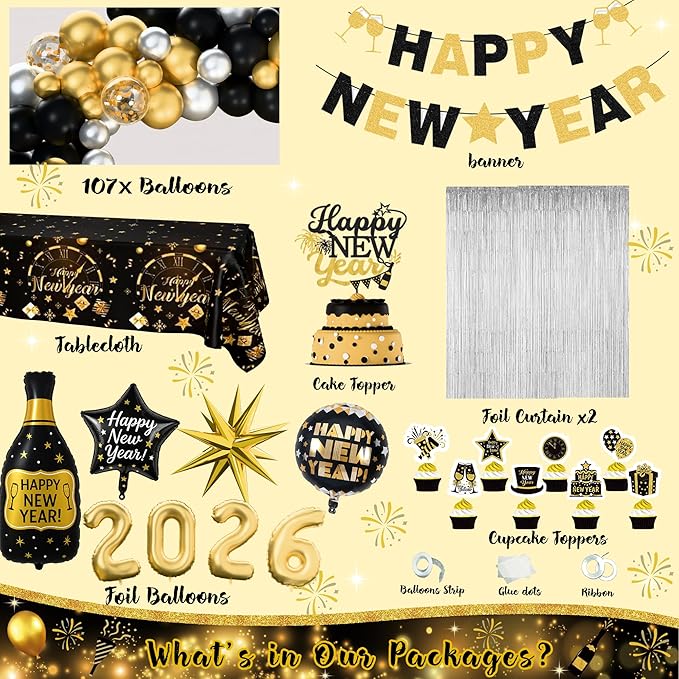 New Year 2026 Party Supplies Kit, Happy New Year's Eve Party Decorations, 2026 Year Party Decor with 2026 Gold Black Balloon Garland Foil Curtain Tablecloth with 2026 New Years Eve Party Decorations