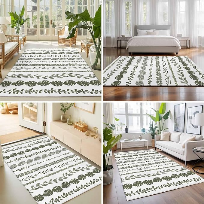 Area Rug 3x5ft, Summer Tropical Leaf Seamless Washable Rugs for Living Room Bedroom, Farmhouse Green Leaves Plant Soft Non-Slip Area Rugs Rectangle Floor Carpet for Dining Room