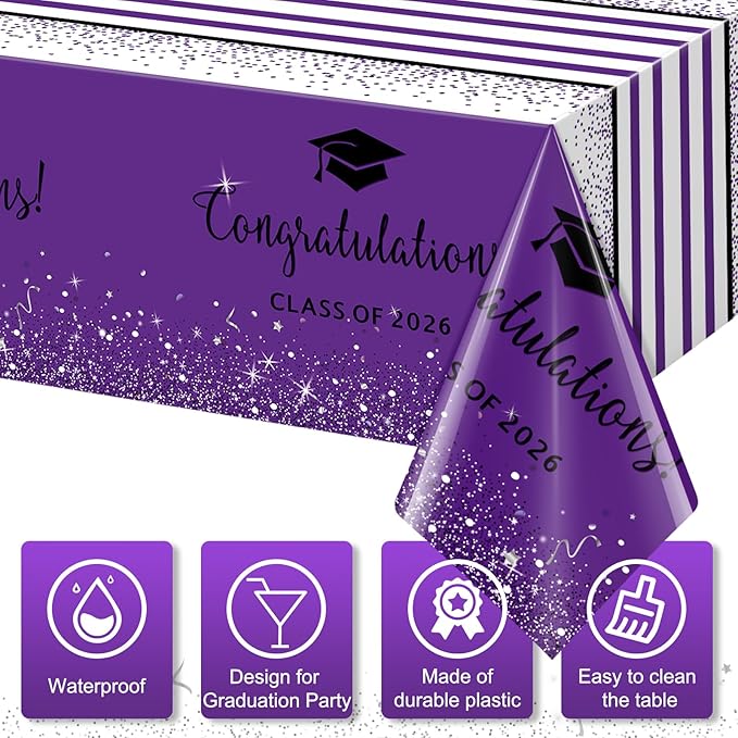 6 Pack Class of 2026 Graduation Tablecloths,Foil Dot Plastic Disposable Rectangle Table Covers for 2026 High School University College Graduation Party Decorations,108*54 Inch (Purple and Black)