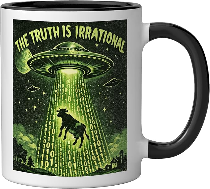UFO The Truth Is Irrational Cow Abduction 3.14 Math Pi Day Ceramic Mug, Black/White