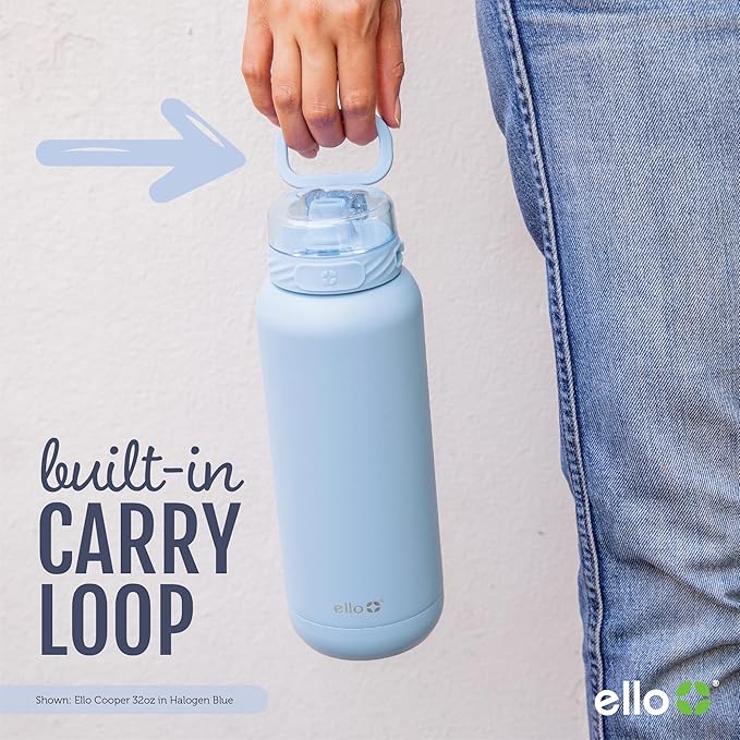 Ello Cooper 22oz Stainless Steel Water Bottle with Straw and Carry Handle, Double Walled and Vacuum Insulated Metal, Leak Proof Locking Lid with Soft Silicone Spout, Reusable, BPA Free, Cashmere Pink