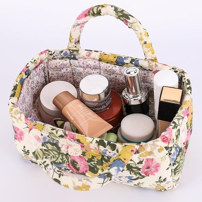 Quilted Fabric Storage Basket Floral Baby Diaper Caddy Quilted Basket for Nursery Bedroom Car Storage