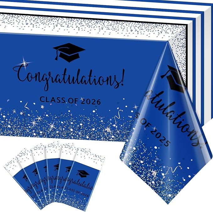 6 Pack Class of 2026 Graduation Tablecloths,Foil Dot Plastic Disposable Rectangle Table Covers for 2026 High School University College Graduation Party Decorations,108*54 Inch (Blue and Black)