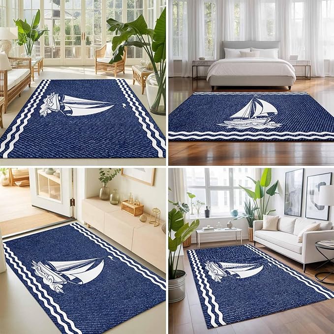 Area Rug 4x6ft, Nautical Sailing Boat on Steel Blue Washable Rugs for Living Room Bedroom, Vintage Water Waves Soft Non-Slip Area Rugs Rectangle Floor Carpet for Dining Room