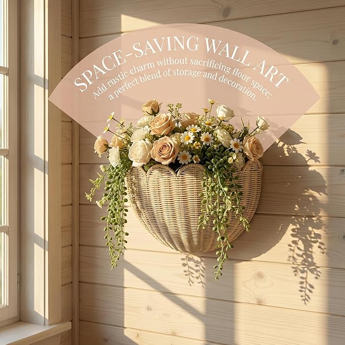 2pcs woven wall baskets,scalloped wall basket,hanging basket,16" x 10" x 7"In & 14" x 8" x 6"In