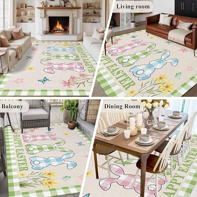 Area Rug 6x9ft, Happy Easter Bunny Shadow Flowers Washable Rugs for Living Room Bedroom, Retro Linen Cotton and Grid Soft Non-Slip Area Rugs Rectangle Floor Carpet for Dining Room