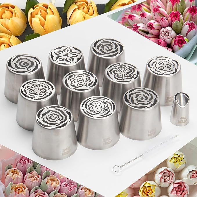 Extra Large Russian Piping Tip Set - 10 Stainless Steel Marshmallow Buttercream Framing Nozzles for Roses Tulip Cake Decorations and Bouquets, Includes 1 Leaf Nozzles and 1 Cleaning Brush(10A)