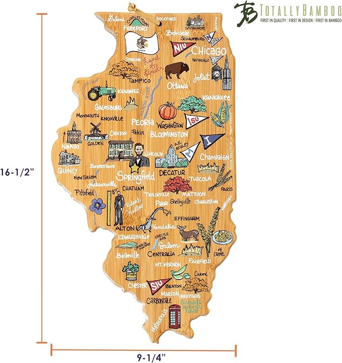 Totally Bamboo Illinois State Shaped Cutting Board and Charcuterie Serving Platter with Artwork by Fish Kiss, Includes Hang Tie for Wall Display