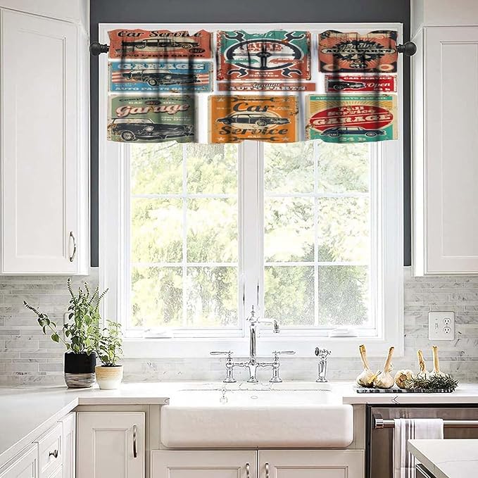 Retro 1950s Valances Curtains Vintage Car Signs Automobile Advertising Repair Vehicle Garage Servicing, Windows Short Curtain Valance for Kitchen Bedroom with Rod Pocket, One Panel 54X18 Inches