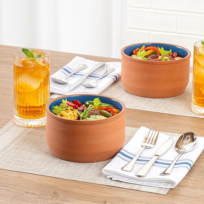 Restaurantware-Terra Tek 34 Ounce Terracotta Cazuelas, 2 Blue Glazed Clay Pots For Cooking - Oven-Ready, Microwavable, Terracotta Serving Pots, Dishwashable, For Cooking And Serving
