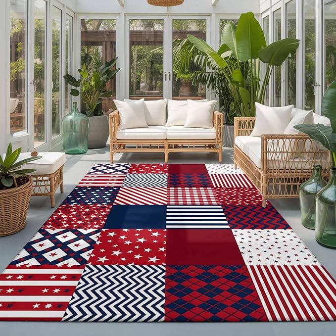 Area Rug 3x5ft, Abstract Splicing Stars Stripes Washable Rugs for Living Room Bedroom, Independence Day Red Blue White Soft Non-Slip Area Rugs Rectangle Floor Carpet for Dining Room