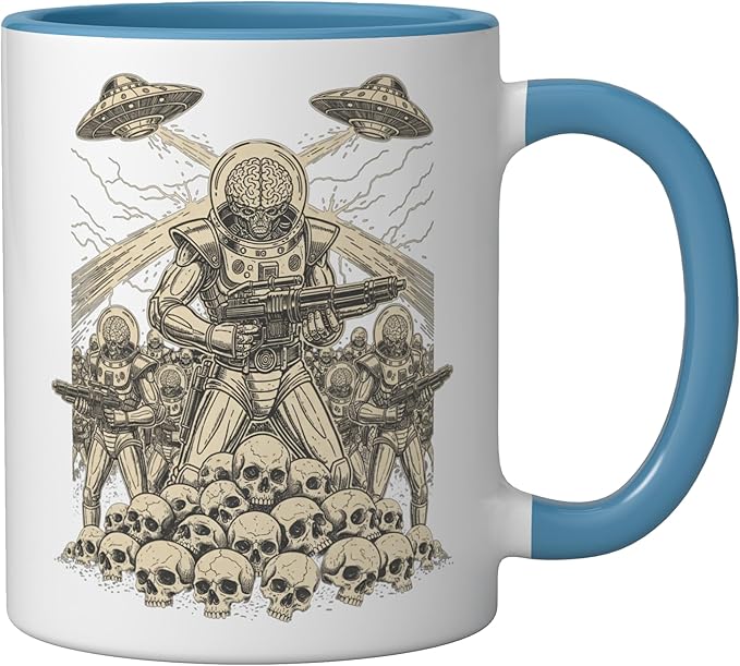 Alien Brain Soldier Retro Sci Fi Saucer Art Ceramic Mug, Blue/White