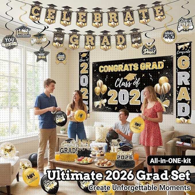 Black and Gold 2026 Graduation Party Decor Kit-Includes Backdrop, Banner, Balloons, Hanging Swirls & Honeycomb Centerpieces for Class of 2026 -Full Set for High School and University Graduation Events