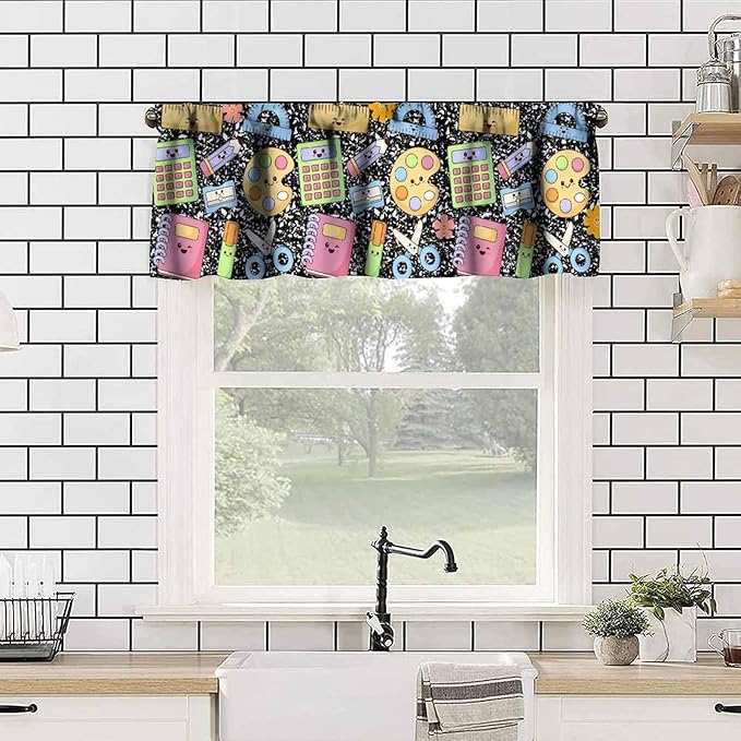 School Supplies Valance, Kids Cute Cartoon Educational Learning Tools Window Treatment for Kitchen Dining Room Bedroom Classroom, 54x18Inch