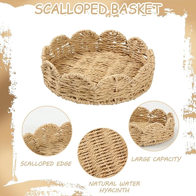 Scalloped Basket Set of 2 - Round Rattan Tray, Wicker Serving Tray, Round Woven Tray for Home Decor, Scallop Basket Table Trays for Decor, Water Hyacinth Woven Rattan Baskets for Organizing