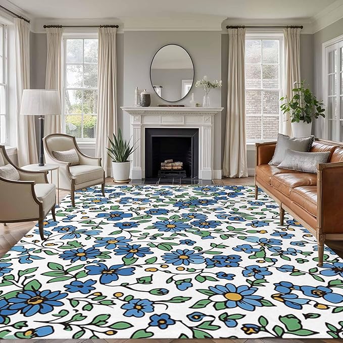 Area Rug 8x10ft, Blue Tiny Flowers Green Leaves Washable Rugs for Living Room Bedroom, Farmhouse Botanical Soft Non-Slip Area Rugs Rectangle Floor Carpet for Dining Room