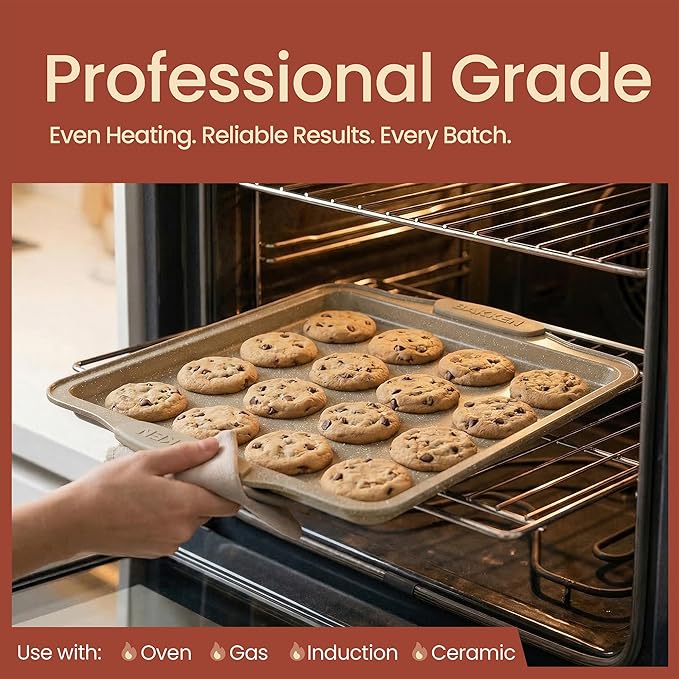BAKKEN Cookie Sheets for Baking Nonstick Set - 3-Piece Stackable Carbon Steel Baking Sheet Pans Set with Silicone Handles, Non Toxic Cookie Sheets for Baking Bakeware Set - White Marble