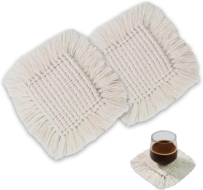 Boho Macrame Coasters Set of 2,Absorbent Coaster for Drinks, Round Handmade Woven Coasters for Boho Home Decor, CupCoasters for Office Desk, Kitchen, Dining Room, Bar (S-Beige(2pcs)/6.3in)