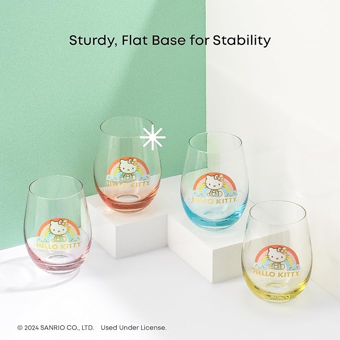 JoyJolt Hello Kitty Sweet Rainbow Stemless Drinking Glasses Set of 4, 19oz Glass Cups, Kawaii Kitchen Glassware Sets, Sanrio Hello Kitty Merch, Teardrop Tumblers for Water, Juice, Coffee, Iced Tea