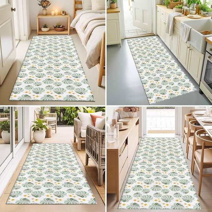 Runner Rug for Bedroom Hallway, Summer Palm Leaves Pattern Kitchen Runner Rugs Area Rug 2x6ft, Scattered Starburst Flowers Washable Soft Floor Carpet for Entryway Stair