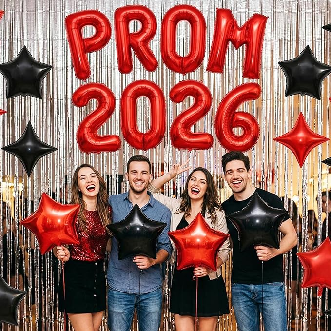 Prom 2026 Balloons Banner, 16 inch Red Letter Balloons Prom 2026 Sign Decoration with Black Red Star Balloon for Class of 2026 Congrats Grad Party Birthday Retirement Graduation Party Supplies