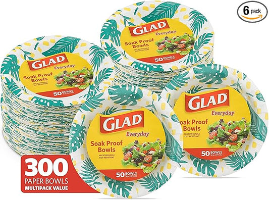 Glad Soak-Proof Palm Leaves Paper Bowls, Heavy-Duty Round Disposable Bowls for Soup, Salad and Snacks, Cut-Resistant and Microwave Safe for Daily Meals, Picnics and Parties, 16 Oz, 50 Count - 6 Pack