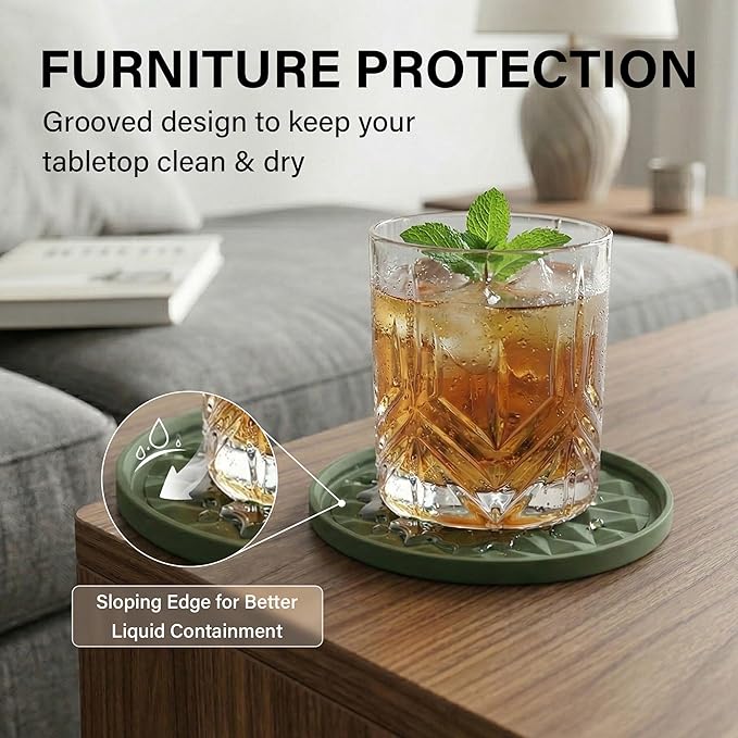 Silicone Coasters for Drinks[4 Pack]- Cup Mat for Tabletop Protection-Non-Slip, Non-Stick, Coffee Table Decor, Great Gift for Christmas, Olive Green