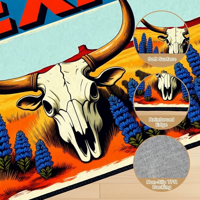 8x10 Area Rugs for Bedroom Boho Washable Man Cave Rug for Living Room Texas Desert Landscape Longhorn Skull Bluebonnets Bold Retro Soft Rubber Backed Non-Slip Large Carpets for Boys