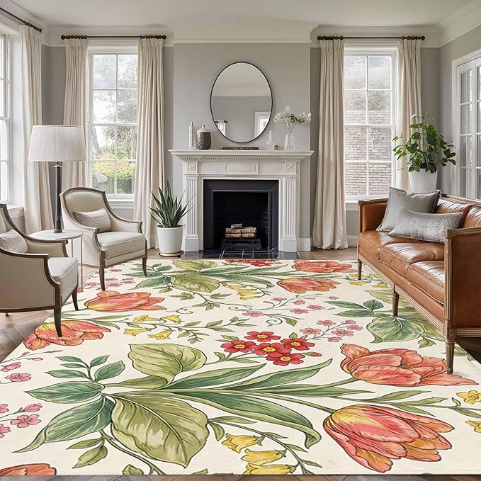 Area Rug 6x9ft, Vintage Tulips Red Daisies Washable Rugs for Living Room Bedroom, Yellow Blooms Floral Pattern Soft Non-Slip Area Rugs Rectangle Floor Carpet for Dining Room