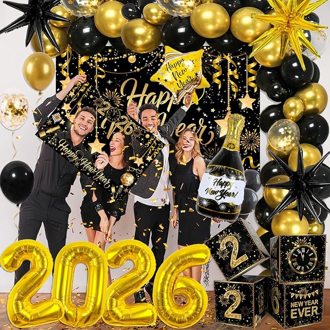 2026 New Years Decorations Black and Gold New Years Eve Balloons 2026 Banner Backdrop,Photo Booth Props,4pcs Cards Boxes Kit for 2026 Eve Party Supplies in Indoor or Outdoor