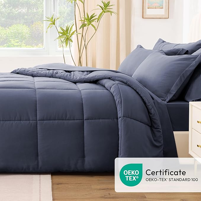 Love's cabin Twin XL Comforter Set Indigo Blue, 5 Pieces Twin XL Bed in a Bag, All Season Bedding Sets with 1 Comforter, 1 Flat Sheet, 1 Fitted Sheet, 1 Pillowcase and 1 Pillow Sham | Soft, Breathable, Lightweight, Comfortable