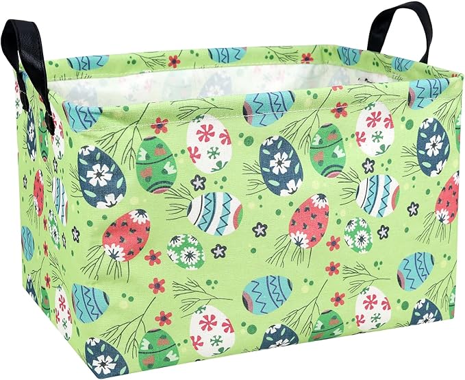 Kid Large Empty Easter Basket Personalized Fabric Easter Basket for Boy and Girl (Easter Egg Green Background)