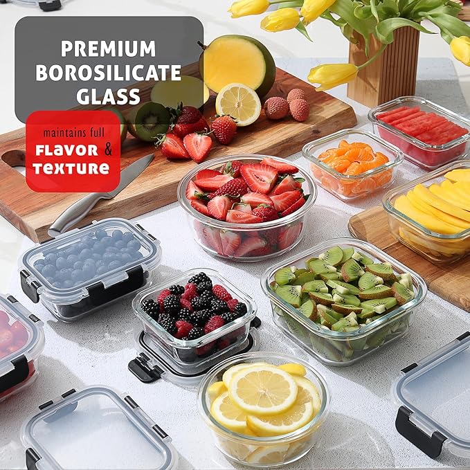 EATEX 24pc Glass Storage Containers with Lids, 12 Set Glass Food Storage Containers with 12 Airtight Lids, Pantry Kitchen Meal Prep Containers for Lunch, Freezer Storage Containers, Jet Black