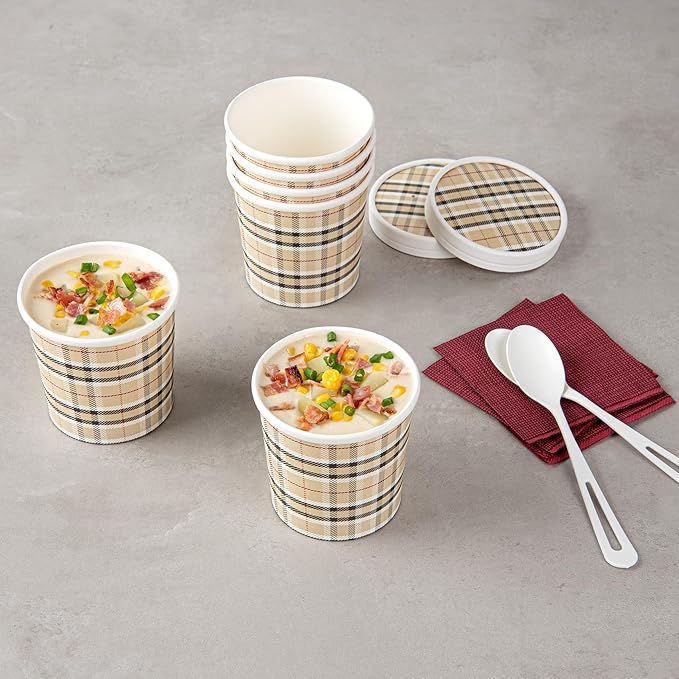 Restaurantware Bio Tek 12 Ounce Soup Containers 200 Durable Soup Bowls - Disposable Sustainable Plaid Print Paper Soup Cups Round For Hot Or Cold Foods
