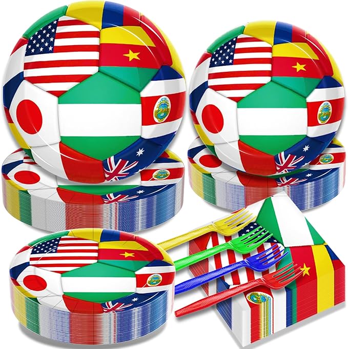 200Pcs World Cup Party Tableware Set, 2026 Soccer Ball Party Decorations Soccer Sports Events Festivals Supplies for International World Flags Disposable Paper Plates Napkins Forks Favors, Serve 50