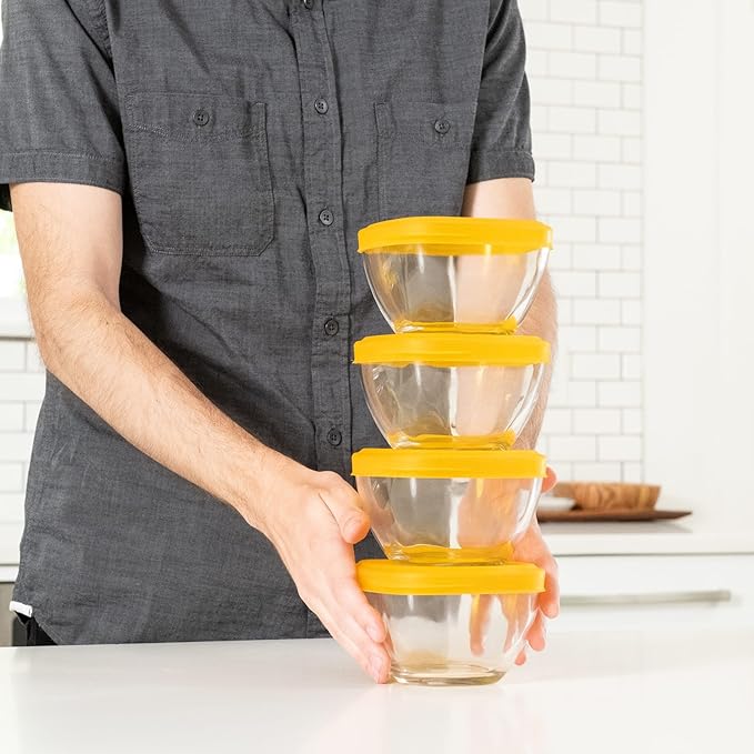 Libbey Serve It 16 Piece 2 Cup Glass Storage Bowl Container Set with Yellow Plastic Lids