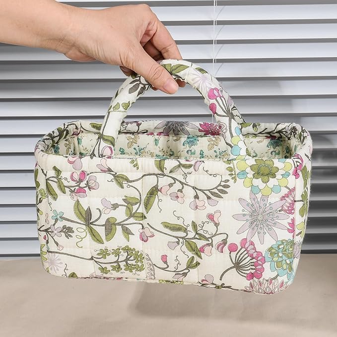 Quilted Fabric Storage Basket Floral Baby Diaper Caddy Quilted Basket for Nursery Bedroom Car Storage