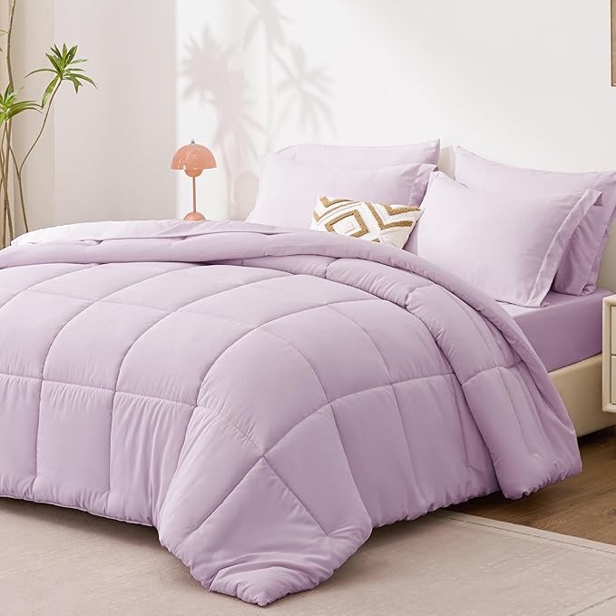 Love's cabin Queen Comforter Set Light Purple, 7 Pieces Queen Bed in a Bag, All Season Bedding Sets with 1 Comforter, 1 Flat Sheet, 1 Fitted Sheet, 2 Pillowcase and 2 Pillow Sham | Soft, Breathable, Lightweight, Comfortable