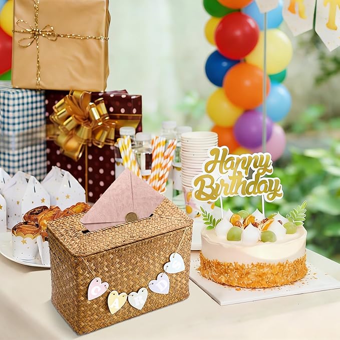 Hipiwe Handwoven Decorative Wedding Card Basket Card Receiving Box with Slot for Bridal Shower Retirement Anniversaries Decorative Card Holder, Caramel Color