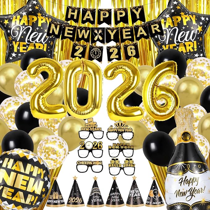 Happy New Year Party Decoration, 2026 Foil Balloon Banner and Curtains Photography Backdrops, Photo Booth Props Hats Paper Glasses Party Decorations for New Years Eve Party Supplies