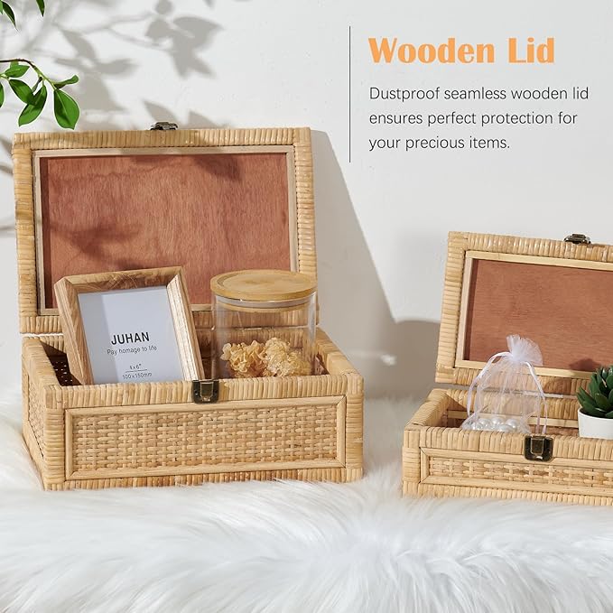 2PCS Rattan Box with Lid Decorative Natural Handmade Boho Baskets Woven Wicker Cane Bins Keepsake Memory Jewelry Boxes Rectangular Desk Shelf Closet Organizer Container (1 Large 1 Small)
