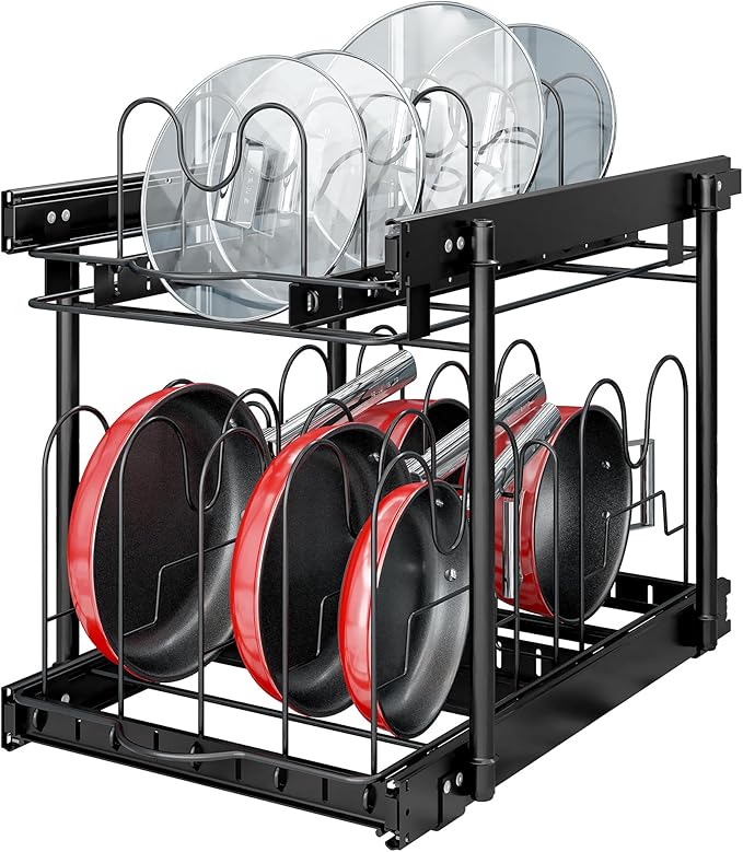 TQVAI Pots and Pans Organizer, Full-Extension Pull Out Cabinet Organizer, Slide Out Drawers for Kitchen Cabinets with Adjustable Dividers, Request at Least 15.5" W x 23.5" D x 23.5" H Opening - Black