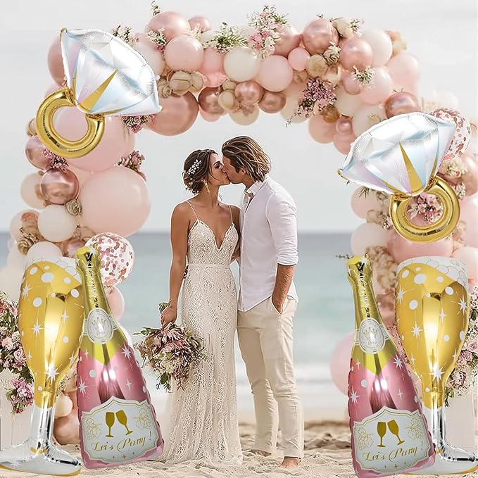 9 Pcs Bride Balloons, Huge Rose Gold Champagne Bottle Goblet Aluminum Foil Balloons for Birthday, Bachelorette, Bridal Shower, Wedding, Anniversary, Engagement Party Decorations Supplies
