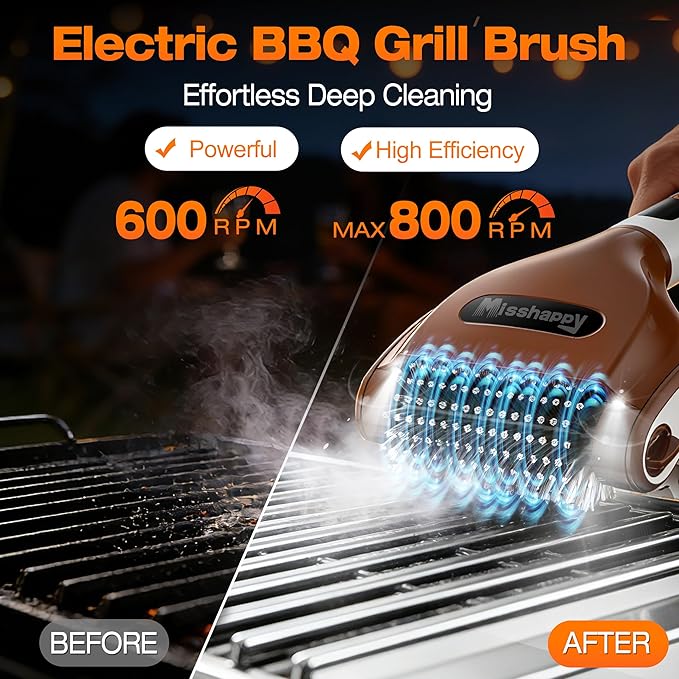 Electric Grill Brush - 4000mAh Cordless BBQ Grill Cleaner 2 Speed - 800RPM Bristle Free BBQ Grill Cleaner Tool Rechargeable with Scraper/LED Light/LED Display for Outdoor/Camping (Brown)
