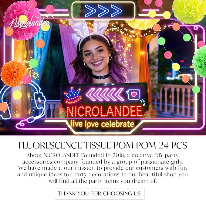 NICROLANDEE Blacklight Party Decorations - 15 PCS Fluorescent Neon Tissue Paper Pom Poms & Paper Garlands for Birthday, Wedding, Baby Shower, Glow-in-The-Dark Party, Neon Prom Dance Party Photography