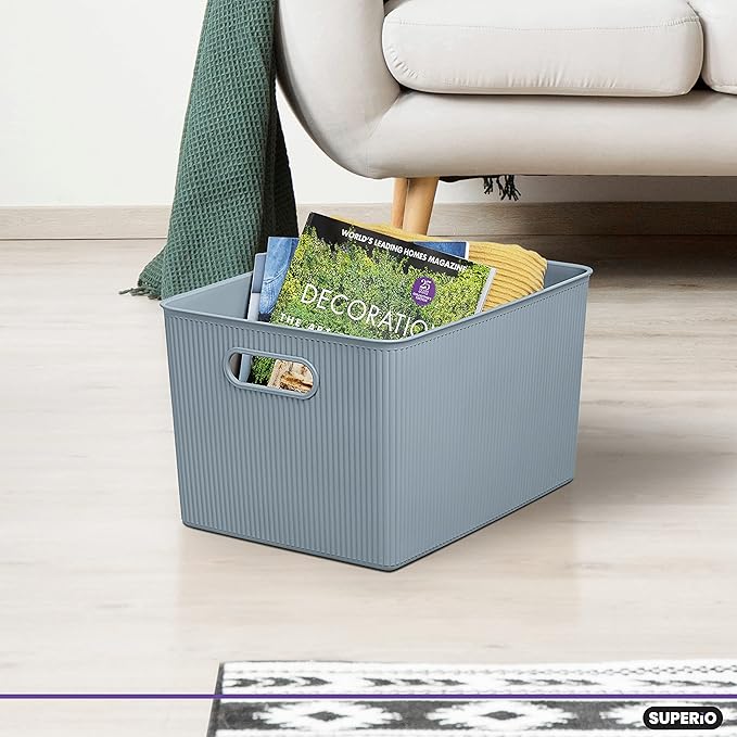 Superio Ribbed Collection - Decorative Plastic Basket Open Home Storage Bins Organizer, X-Large Blue (4 Pack) Container Boxes for Organizing Closet Storage Bins for Shelves 22 Liter/23 Quart