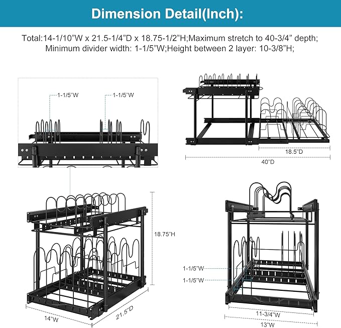 TQVAI Pots and Pans Organizer, Full-Extension Pull Out Cabinet Organizer, Slide Out Drawers for Kitchen Cabinets with Adjustable Dividers, Request at Least 15.5" W x 23.5" D x 23.5" H Opening - Black