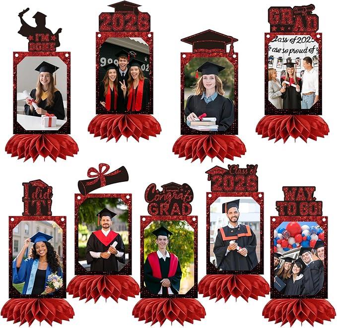9 PCS Graduation Party Decorations Class of 2026 Honeycomb Centerpieces, Honeycomb Centerpieces for Graduation Photo Toppers Table Decorations. (Grad.Red)