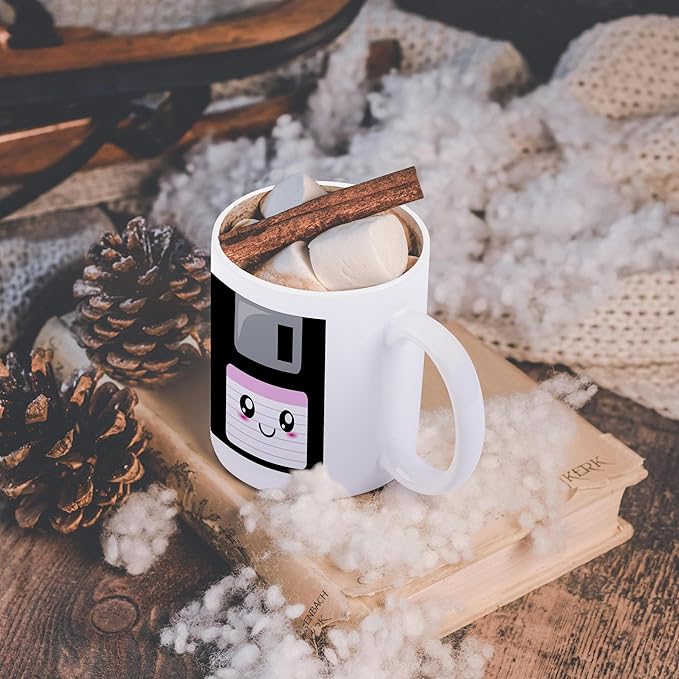 3dRose mug_57453_1 Kawaii Cute Happy Floppy Disk Retro Computer Nerd Japanese Anime Smiley Cartoon with Pink Label Ceramic Mug, 11-Ounce